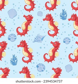 Seamless pattern sea animals. Marine inhabitants - octopus, crab, dolphin, seahorse, sea turtle, coral, sea background. Colorful pattern for fabric and paper, invitations, cards. Vector illustration.