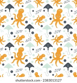 Seamless pattern with sea animals. Octopuses, stingrays in the ocean among marine plants on a white background. Vector illustration. Design for baby dough, packaging, wallpaper