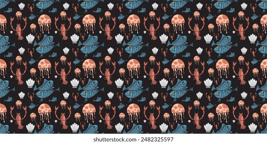 Seamless Pattern of sea animals on a black background. vector illustration