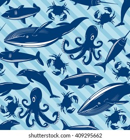 Seamless pattern with sea animals on blue striped background. Vector illustration.