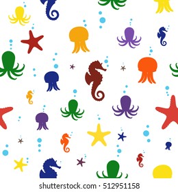 Seamless pattern of sea animals on white background. Silhouette of seahorse. Wallpappers for kids. Great for any use.