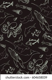 seamless pattern with sea animals on dark background. octopus, humpback, dolphin, seashell, fish, batoidea, crab