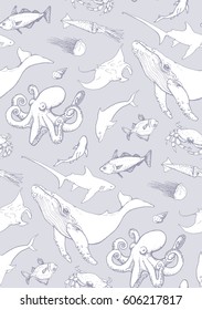 seamless pattern with sea animals on colored in blue background. octopus, humpback, dolphin, seashell, fish, batoidea, crab