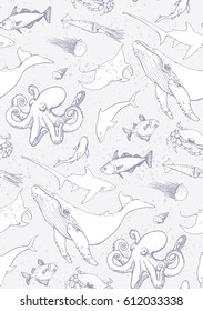 seamless pattern with sea animals on colored in light  blue background. octopus, humpback, dolphin, seashell, fish, batoidea, crab