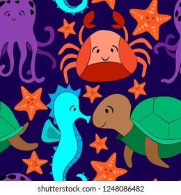 seamless pattern with sea animals, picture in cartoon style