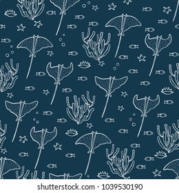Seamless pattern with sea animals and plants. Vector hand drawn background.