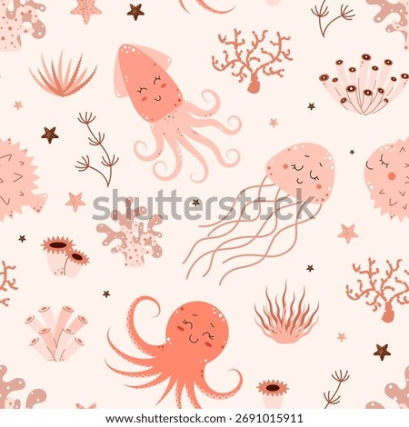 Seamless pattern with sea animals and plants. Jellyfish, octopus, coral reef. Vector marine illustration
