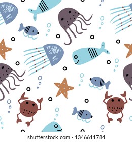 Seamless pattern with sea animals in scandinavian style. Vector Illustration.