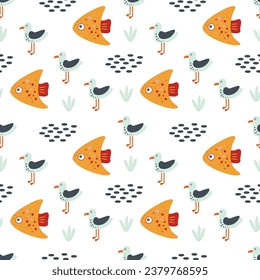 Seamless pattern with sea animals. A seagull and a bright fish in the ocean among marine plants on a white background. Vector illustration. Design for children s dough, packaging, wallpaper.