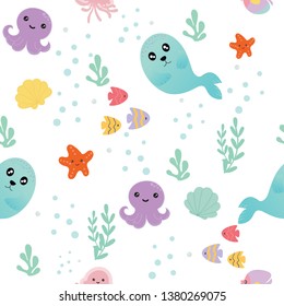 Seamless pattern with sea animals. seal, starfish, jellyfish, squid. Childish texture for fabric or textile. Kids background. Vector