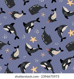 Seamless pattern with sea animals. 
Shark, killer shark, whale, narwhal.