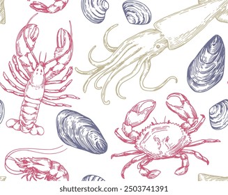 seamless pattern of sea animals and shells, illustration in sketch style. sea ​​food