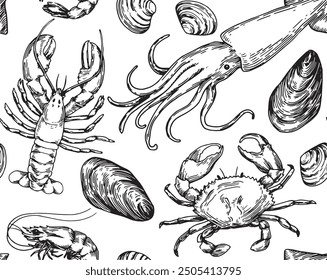 seamless pattern of sea animals and shells, illustration in sketch style. sea ​​food