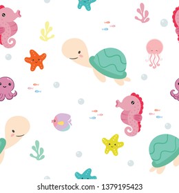 Seamless pattern with sea animals. starfish, jellyfish, seahorse, turtle, crab. Childish texture for fabric or textile. Kids background. Vector