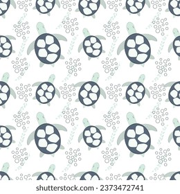 Seamless pattern with sea animals. Turtle in the ocean among sea plants on a white background. Vector illustration. Design for baby dough, packaging, wallpaper