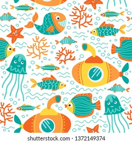 Seamless pattern with sea animals. Underwater life. Flat design. Vector illustration. Design element for fabric, wallpaper or wrapping paper.