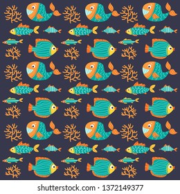 Seamless pattern with sea animals. Underwater life. Flat design. Vector illustration. Design element for fabric, wallpaper or wrapping paper.