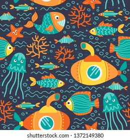 Patrón sin mar con animales marinos. Vida submarina. Diseño plano. Ilustración vectorial. Elemento de diseño para tela, papel pintado o papel envolvente.