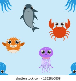 Seamless pattern of sea animals. Vector cartoon background. Cute underwater characters. Flat design.