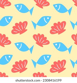 Seamless pattern with sea animals. Vector illustration, doodle style. Summer marine background. Drawing of shells and fishes.