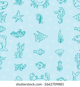Padrão contínuo com animais marinhos. Ilustração vetorial. Fundo marinho.