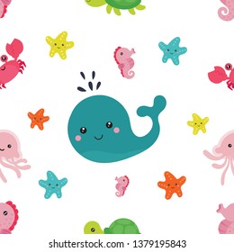 Seamless pattern with sea animals. whale, starfish, jellyfish, seahorse, turtle, crab. Childish texture for fabric or textile. Kids background. Vector