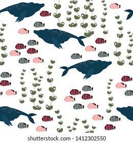 Seamless pattern with sea animals. Whale, seaweed, fish. Cartoon vector illustration in flat style