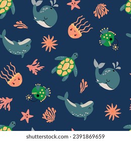 Seamless pattern with sea animals. Whale, dolphin, turtle, jellyfish, lantern fish.