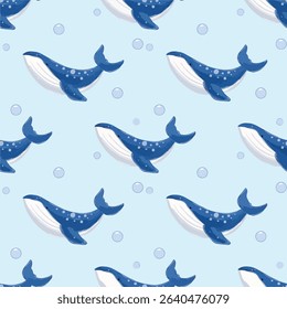 seamless pattern with sea animals whale with blue background illustration art