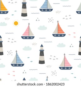 Seamless pattern Sea background with the sailboat and small fish Hand drawn design in cartoon style, use for print, decorative wallpaper, fabric, textiles. Vector illustration