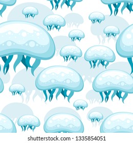 Seamless pattern. Sea blue jellyfish. Tropical underwater animal. Medusa aquatic organism, cartoon style design. Flat vector illustration on white background.