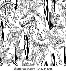 Seamless pattern, sea boulders, ocean, octopus, jellyfish, seaweed, starfish, hand draw with ink. Large marine residents liner in the style of antistress. Isolated design for wallpaper, textile.