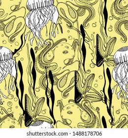 Seamless pattern, sea boulders, ocean, octopus, jellyfish, seaweed, starfish, hand draw with ink. Large marine residents liner in the style of antistress. Isolated design for wallpaper, textile.