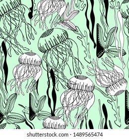 Seamless pattern, sea boulders, ocean, octopus, jellyfish, seaweed, starfish, hand draw with ink. Large marine residents liner in the style of antistress. Isolated design for wallpaper, textile.