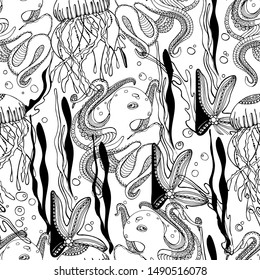 Seamless pattern, sea boulders, ocean, octopus, jellyfish, seaweed, starfish, hand draw with ink. Large marine residents liner in the style of antistress. Isolated design for wallpaper, textile.