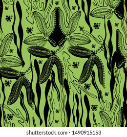 Seamless pattern, sea boulders, ocean, octopus, jellyfish, seaweed, starfish, hand draw with ink. Large marine residents liner in the style of antistress. Isolated design for wallpaper, textile.
