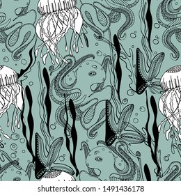 Seamless pattern, sea boulders, ocean, octopus, jellyfish, seaweed, starfish, hand draw with ink. Large marine residents liner in the style of antistress. Isolated design for wallpaper, textile.