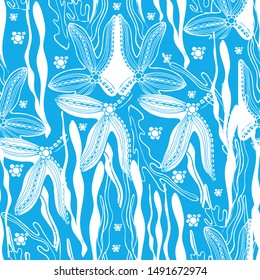 Seamless pattern, sea boulders, ocean, octopus, jellyfish, seaweed, starfish, hand draw with ink. Large marine residents liner in the style of antistress. Isolated design for wallpaper, textile.