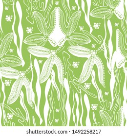 Seamless pattern, sea boulders, ocean, octopus, jellyfish, seaweed, starfish, hand draw with ink. Large marine residents liner in the style of antistress. Isolated design for wallpaper, textile.