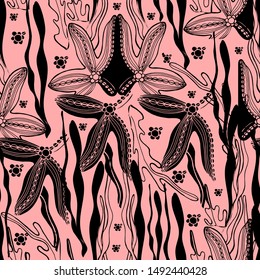 Seamless pattern, sea boulders, ocean, octopus, jellyfish, seaweed, starfish, hand draw with ink. Large marine residents liner in the style of antistress. Isolated design for wallpaper, textile.