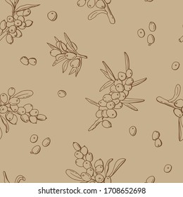 Patrón inoxidable de bayas de espinas marinas. Ilustración de material. Diseño para tela, textil, embalaje, sitio web, papel pintado.