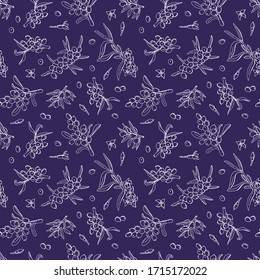 Seamless pattern with sea buckthorn berries. Line style. Stock illustration. Design for wallpaper, packaging, fabric, textile, cafe.