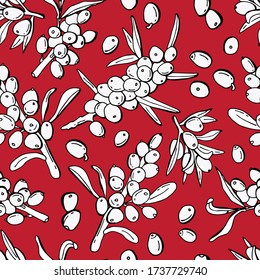 Seamless pattern with sea buckthorn berries. White clusters on  red background.  Stock illustration. Design for fabric, textile, wallpaper, packaging.