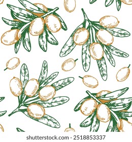 padrão sem costura com frutos do mar buckthorn. vetor imprimir em estilo de esboço