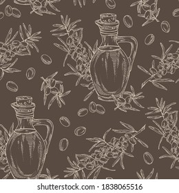 Nahtlose Muster mit Seeschuckthorn und Flasche Seeschuckthornöl. handgezeichnete Vektorgrafik