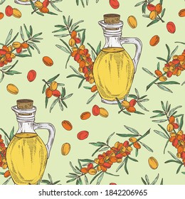Seamless pattern with sea buckthorn and bottle of sea buckthorn oil. Vector hand drawn illustration