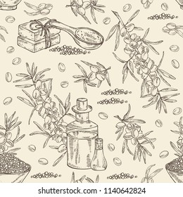 Seamless pattern with sea buckthorn: branch of sea buckthorn, berries and leaves. Oil, soap and bath salt . Cosmetics and medical plant. Vector hand drawn illustration