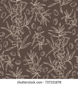 Seamless pattern with sea buckthorn: branch of sea buckthorn, berries and leaves. Cosmetic and medical plant. Vector hand drawn illustration. 