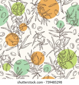 Seamless pattern with sea buckthorn: branch of sea buckthorn, berries and leaves. Cosmetic and medical plant. Vector hand drawn illustration. 