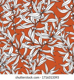 Nahtlose Muster der SeeschuckthornÄste. Design für Gewebe, Textilien, Papier, Verpackung. Die Pflanze eignet sich für Nahrungsmittel, Kochöl, Kosmetik und Arzneimittel. Grafiken der Vektorillustration.